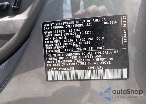 2018 Volkswagen Atlas 2.0T Se из США, поврежденный, VIN 1V2CP2CA2JC593755